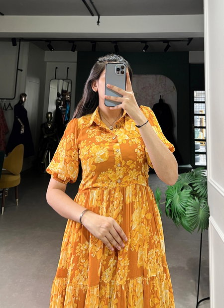 Yellow Colour Georgette With Floral Print Frock Wholesale Suppliers In India NNK4508